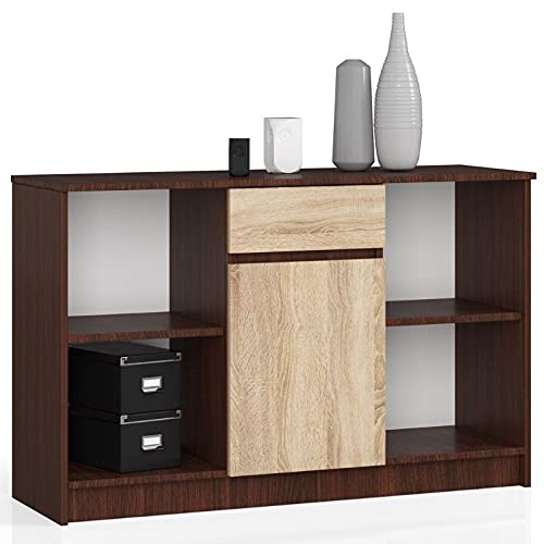 AKORD Kommode B-17 120 cm | 1 Tür und eine Schublade | für Wohnzimmer Schlafzimmer Schrank Wohnzimmer | Modernes Funktionelles Design | 16 mm laminierte Platte Farbe Wenge/Sonoma von AKORD