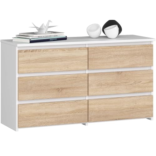 AKORD | Kommode CL-100 mit 6 Schubladen | Komodenschrank | Funktional | Für Wohnzimmer | Für Schlafzimmer | Langlebig | Rollenführung | ABS-Kante 35x100x57cm | Weiß + Sonoma Eiche Front von AKORD