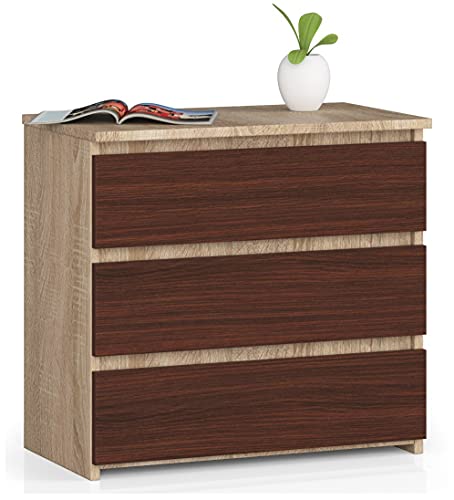 AKORD Kommode CL-3 mit 3 Schubladen | für das Wohnzimmer Schlafzimmer Schrank Büro Arbeitszimmer | Modernes Funktionales Design | B60 x H57 x T35 cm, Gewicht 26 kg | Sonoma Eiche/Wenge von AKORD