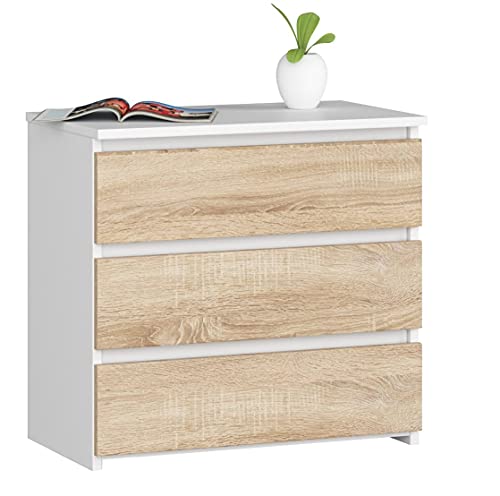 AKORD Kommode CL-3 mit 3 Schubladen | für das Wohnzimmer Schlafzimmer Schrank Büro Arbeitszimmer | Modernes Funktionales Design | B60 x H57 x T35 cm, Gewicht 26 kg | Weiß/Sonoma-Eiche von AKORD
