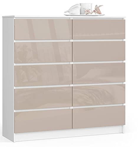 AKORD Kommode K 120 cm | 10 Schubladen | für Wohnzimmer Schlafzimmer Schrank Wohnzimmer | Modernes Funktionelles Design | 16mm Schichtstoffplatte | Farbe Weiß-Cappuccino Glanz von AKORD