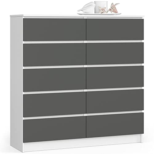 AKORD Kommode K 120 cm | 10 Schubladen | für Wohnzimmer Schlafzimmer Schrank Wohnzimmer | Modernes Funktionelles Design | 16mm Schichtstoffplatte | Farbe Weiß-Graphitgrau von AKORD