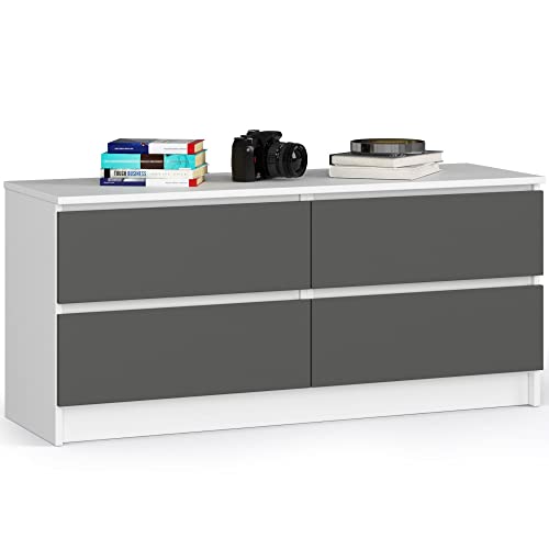 AKORD Kommode K 120 cm | 4 Schubladen | für Wohnzimmer Schlafzimmer Büro Arbeitszimmer | Modernes Funktionales Design 16 mm | Laminierte Platte | Farbe Weiß/Graphitgrau von AKORD