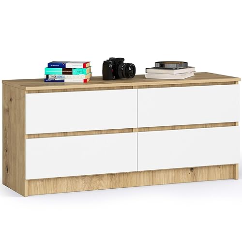 AKORD Kommode K 120 cm | 4 Schubladen | zum Wohnzimmer Schlafzimmer Arbeitszimmer | Modernes funktionales Design | Laminatplatte 16mm | Farbe Artisan Oak/Weiß von AKORD