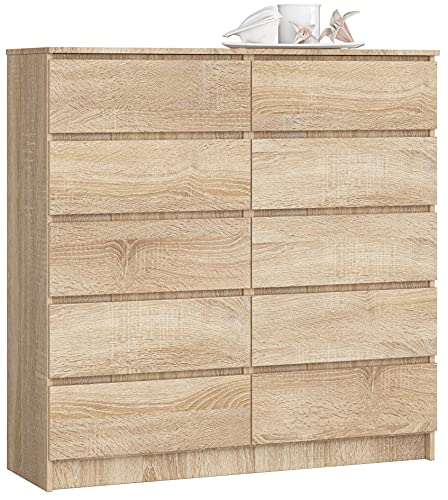 AKORD Kommode K-120 mit 10 (2 x 5) Schubladen | für das Wohnzimmer Schlafzimmer Schrank Büro Arbeitszimmer | Modernes Funktionales Design | B120 x H121 x T40 cm, Gewicht 70 kg | Sonoma Eiche von AKORD