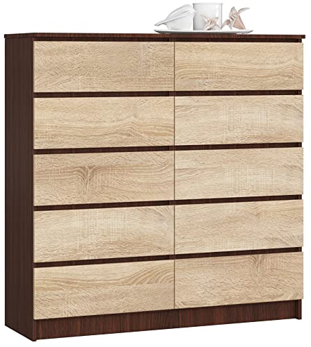 AKORD Kommode K-120 mit 10 (2 x 5) Schubladen | für das Wohnzimmer Schlafzimmer Schrank Büro Arbeitszimmer | Modernes Funktionales Design | B120 x H121 x T40 cm, Gewicht 70 kg | Wenge/Sonoma-Eiche von AKORD