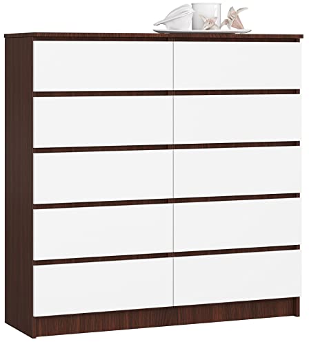 AKORD Kommode K-120 mit 10 (2 x 5) Schubladen | für das Wohnzimmer Schlafzimmer Schrank Büro Arbeitszimmer | Modernes Funktionales Design | B120 x H121 x T40 cm, Gewicht 70 kg | Wenge/Weiß von AKORD