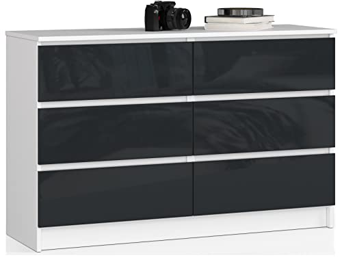 AKORD Kommode K-120 mit 6 (2 x 3) Schubladen | für das Wohnzimmer Schlafzimmer Schrank Büro Arbeitszimmer | Modernes Funktionales Design | B120 x H77 x T40 cm, Gewicht 43kg | Weiß/Graphit Glänzend von AKORD