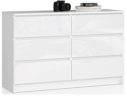 AKORD Kommode K-120 mit 6 (2 x 3) Schubladen | für das Wohnzimmer Schlafzimmer Schrank Büro Arbeitszimmer | Modernes Funktionales Design | B120 x H77 x T40 cm, Gewicht 43kg | Weiß/Weiß Glänzend von AKORD