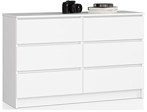 AKORD Kommode K-120 mit 6 (2 x 3) Schubladen | für das Wohnzimmer Schlafzimmer Schrank Büro Arbeitszimmer | Modernes Funktionales Design | B120 x H77 x T40 cm, Gewicht 43kg | Weiß von AKORD