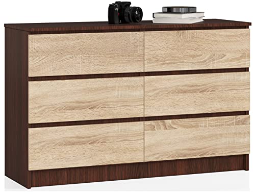 AKORD Kommode K-120 mit 6 (2 x 3) Schubladen | für das Wohnzimmer Schlafzimmer Schrank Büro Arbeitszimmer | Modernes Funktionales Design | B120 x H77 x T40 cm, Gewicht 43kg | Wenge/Sonoma-Eiche von AKORD