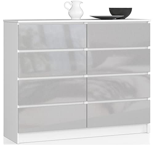 AKORD Kommode K-120 mit 8 (2 x 4) Schubladen | für das Wohnzimmer Schlafzimmer Schrank Büro Arbeitszimmer | Modernes Funktionales Design | B120 x H99 x T40 cm, Gewicht 65 kg | Weiß/Metallic-Glanz von AKORD