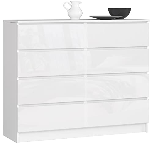 AKORD Kommode K-120 mit 8 (2 x 4) Schubladen | für das Wohnzimmer Schlafzimmer Schrank Büro Arbeitszimmer | Modernes Funktionales Design | B120 x H99 x T40 cm, Gewicht 65 kg | Weiß/Weiß Glänzend von AKORD