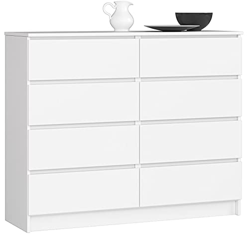 AKORD Kommode K-120 mit 8 (2 x 4) Schubladen | für das Wohnzimmer Schlafzimmer Schrank Büro Arbeitszimmer | Modernes Funktionales Design | B120 x H99 x T40 cm, Gewicht 65 kg | Weiß von AKORD