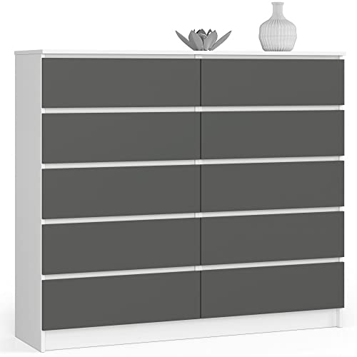 AKORD Kommode K 140 cm | 10 Schubladen | für Wohnzimmer Schlafzimmer Schrank Arbeitszimmer | Modernes Funktionales Design | Schichtstoffplatte 16mm Farbe: Weiß/Graphitgrau von AKORD