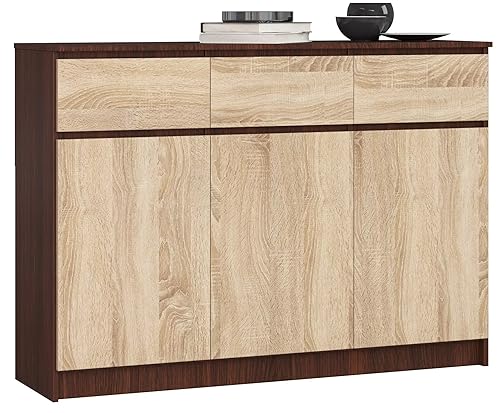 AKORD Kommode K 140 cm | 3 Schubladen und 3 Türen | für das Wohnzimmer Schlafzimmer Schrank Büro Arbeitszimmer | Modernes funktionales Design Schichtstoffplatte 16mm Farbe Wenge/Sonoma von AKORD