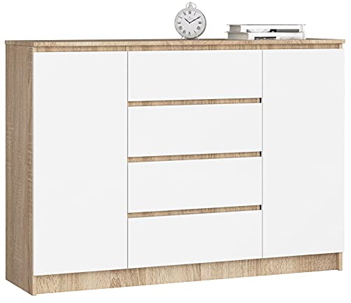 AKORD Kommode K 140 cm 4 Schubladen und 2 Türen | zum Wohnzimmer Schlafzimmer Arbeitszimmer | Modernes funktionales Design | Schichtstoffplatte Farbe Sonoma/Weiß von AKORD