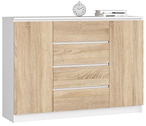 AKORD Kommode K 140 cm 4 Schubladen und 2 Türen | zum Wohnzimmer Schlafzimmer Arbeitszimmer | Modernes funktionales Design | Schichtstoffplatte Farbe Weiß/Sonoma von AKORD