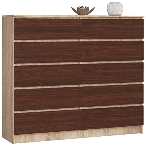 AKORD Kommode K-140 mit 10 (2 x 5) Schubladen | für das Wohnzimmer Schlafzimmer Schrank Büro Arbeitszimmer | Modernes Funktionales Design | B138 x H121 x T40 cm, Gewicht 75 kgSonoma Eiche/Wenge von AKORD