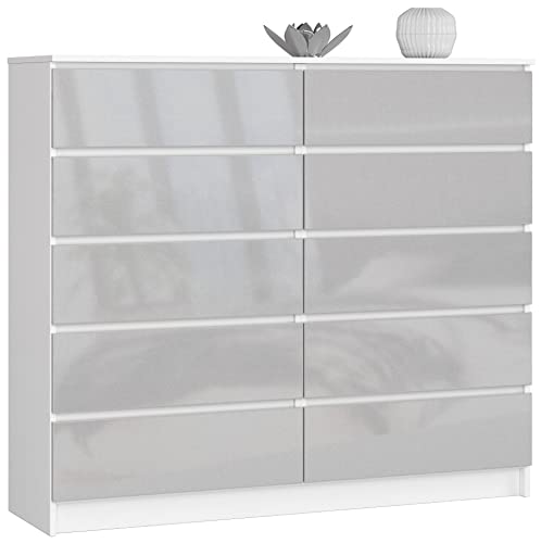 AKORD Kommode K-140 mit 10 (2 x 5) Schubladen | für das Wohnzimmer Schlafzimmer Schrank Büro Arbeitszimmer | Modernes Funktionales Design | B138 x H121 x T40 cm, Gewicht 75 kgWeiß/Metallic-Glanz von AKORD