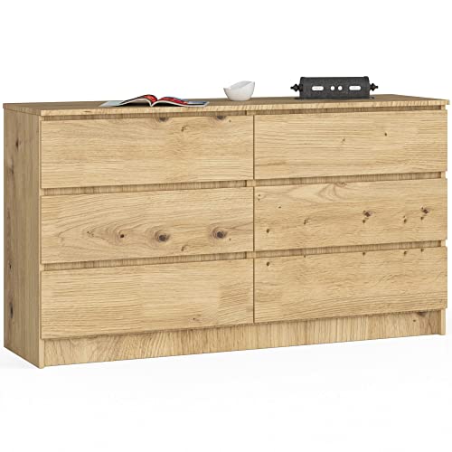 AKORD | Kommode K-140 mit 6 (2 x 3) Schubladen | für das Wohnzimmer Schlafzimmer Schrank Büro Arbeitszimmer | Modernes Funktionales Design | B138 x H77 x T40 cm, Gewicht 51kg | Eiche Artisan von AKORD