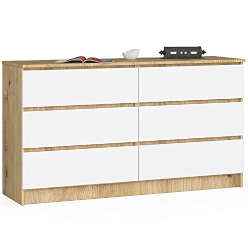 AKORD | Kommode K-140 mit 6 (2 x 3) Schubladen | für das Wohnzimmer Schlafzimmer Schrank Büro Arbeitszimmer | Modernes Funktionales Design | B138 x H77 x T40 cm, Gewicht 51kg | Eiche Artisan-weiß von AKORD