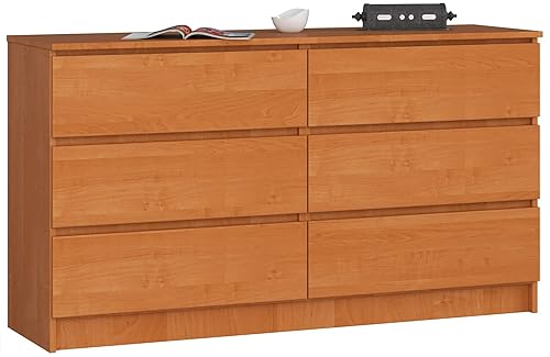 AKORD Kommode K-140 mit 6 (2 x 3) Schubladen | für das Wohnzimmer Schlafzimmer Schrank Büro Arbeitszimmer | Modernes Funktionales Design | B138 x H77 x T40 cm, Gewicht 51kg | Erle von AKORD