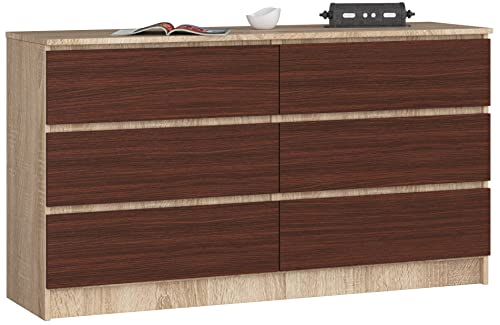AKORD Kommode K-140 mit 6 (2 x 3) Schubladen | für das Wohnzimmer Schlafzimmer Schrank Büro Arbeitszimmer | Modernes Funktionales Design | B138 x H77 x T40 cm, Gewicht 51kg | Sonoma Eiche/Wenge von AKORD