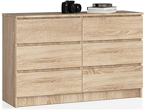 AKORD Kommode K140 138 cm | 6 Schubladen | für das Wohnzimmer | für das Schlafzimmer | für das Arbeitszimmer | Büro | B138 x H77 x T40 cm | Gewicht 50,30 kg | Sonoma Eiche von AKORD