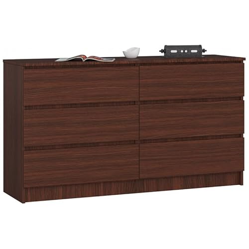 AKORD Kommode K-140 mit 6 (2 x 3) Schubladen | für das Wohnzimmer Schlafzimmer Schrank Büro Arbeitszimmer | Modernes Funktionales Design | B138 x H77 x T40 cm, Gewicht 51kg | Wenge von AKORD