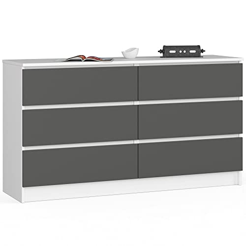 AKORD | Kommode K-140 mit 6 (2 x 3) Schubladen | für das Wohnzimmer Schlafzimmer Schrank Büro Arbeitszimmer | Modernes Funktionales Design | B138 x H77 x T40 cm, Gewicht 51kg | weiß-grau Graphit von AKORD