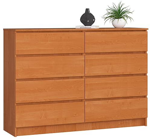 AKORD Kommode K-140 mit 8 (2 x 4) Schubladen | für das Wohnzimmer Schlafzimmer Schrank Büro Arbeitszimmer | Modernes Funktionales Design | B138 x H99 x T40 cm, Gewicht 72 kg | Erle von AKORD