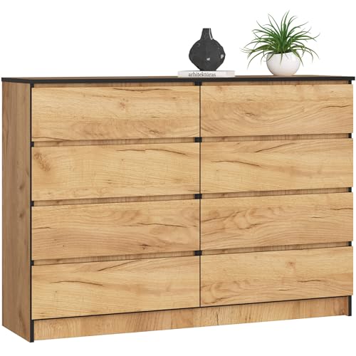 AKORD | Kommode K-140 mit 8 (2 x 4) Schubladen | für das Wohnzimmer Schlafzimmer Schrank Büro Arbeitszimmer | Modernes Funktionales Design | B138 x H99 x T40 cm, Gewicht 72 kg | Handwerk Eiche von AKORD