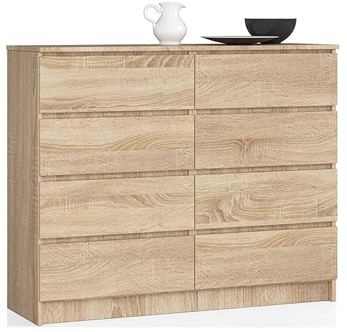 AKORD Kommode K-140 mit 8 (2 x 4) Schubladen | für das Wohnzimmer Schlafzimmer Schrank Büro Arbeitszimmer | Modernes Funktionales Design | B138 x H99 x T40 cm, Gewicht 72 kg | Sonoma Eiche von AKORD