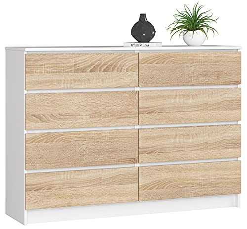 AKORD Kommode K-140 mit 8 (2 x 4) Schubladen | für das Wohnzimmer Schlafzimmer Schrank Büro Arbeitszimmer | Modernes Funktionales Design | B138 x H99 x T40 cm, Gewicht 72 kg | Weiß/Sonoma-Eiche von AKORD