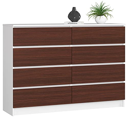 AKORD Kommode K-140 mit 8 (2 x 4) Schubladen | für das Wohnzimmer Schlafzimmer Schrank Büro Arbeitszimmer | Modernes Funktionales Design | B138 x H99 x T40 cm, Gewicht 72 kg | Weiß/Wenge von AKORD