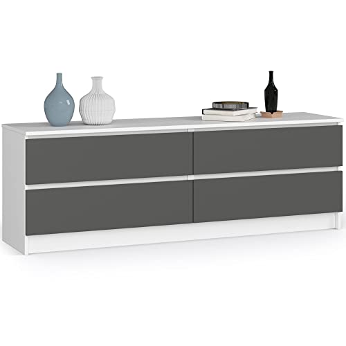 AKORD Kommode K 160 cm | 4 Schubladen | Stehmöbel für Wohnzimmer Schlafzimmer Büro Arbeitszimmer | Edles Design | 16mm Schichtstoffplatte | Farbe Weiß/Graphitgrau von AKORD