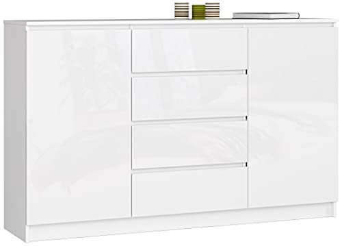 AKORD Kommode K 160 cm | 4 Schubladen und 2 Türen | für Wohnzimmer Schlafzimmer Schrank Wohnzimmer | Modernes Funktionelles Design | 16mm Schichtstoffplatte | Farbe Weiß Hochglanz von AKORD