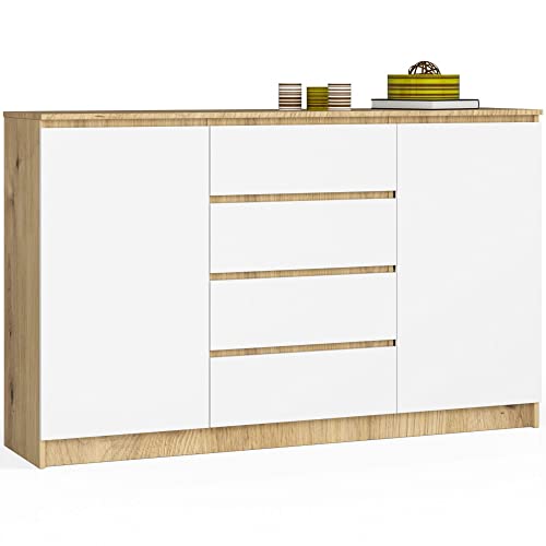 AKORD Kommode K 160 cm | 4 Schubladen und 2 Türen | für Wohnzimmer Schlafzimmer Schrank Wohnzimmer | Modernes Funktionelles Design | 16mm Schichtstoffplatte | Farbe: Artisan Eiche | Weiß von AKORD