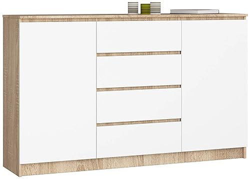 AKORD Kommode K 160 cm | 4 Schubladen und 2 Türen |für Wohnzimmer Schlafzimmer Schrank Wohnzimmer | Modernes Funktionelles Design | Schichtstoffplatte 16 mm | Farbe Sonoma/Weiß von AKORD