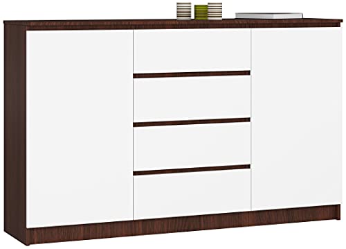 AKORD Kommode K 160 cm | 4 Schubladen und 2 Türen | für Wohnzimmer Schlafzimmer Schrank Wohnzimmer | Modernes Funktionelles Design | Schichtstoffplatte 16mm | Farbe Wenge/Weiß von AKORD