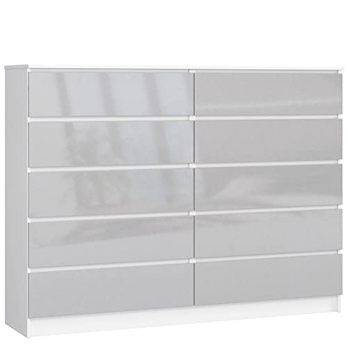 AKORD Kommode K-160 mit 10 (2 x 5) Schubladen | für das Wohnzimmer Schlafzimmer Schrank Büro Arbeitszimmer | Modernes Funktionales Design | B160 x H121 x T40 cm, Gewicht 80kg | Weiß/Metallic-Glanz von AKORD