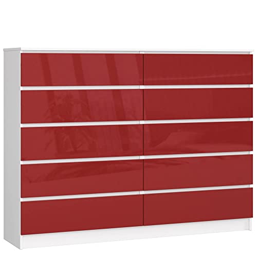 AKORD Kommode K-160 mit 10 (2 x 5) Schubladen | für das Wohnzimmer Schlafzimmer Schrank Büro Arbeitszimmer | Modernes Funktionales Design | B160 x H121 x T40 cm, Gewicht 80kg | Weiß/Rot Glänzend von AKORD