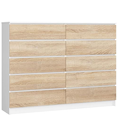 AKORD Kommode K160 160 cm | 10 Schubladen | für das Wohnzimmer | für das Schlafzimmer | für das Arbeitszimmer | Büro | B160 x H121 x T40 cm | Gewicht 101,75 kg | Weiß/Sonoma Eiche von AKORD