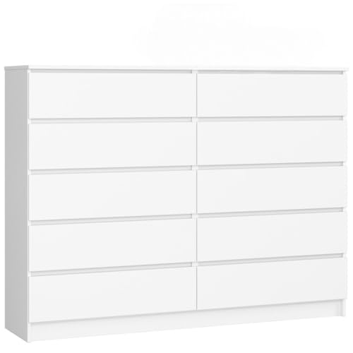 AKORD Kommode K160 160 cm | 10 Schubladen | für das Wohnzimmer | für das Schlafzimmer | für das Arbeitszimmer | Büro | B160 x H121 x T40 cm | Gewicht 101,75 kg | Weiß von AKORD