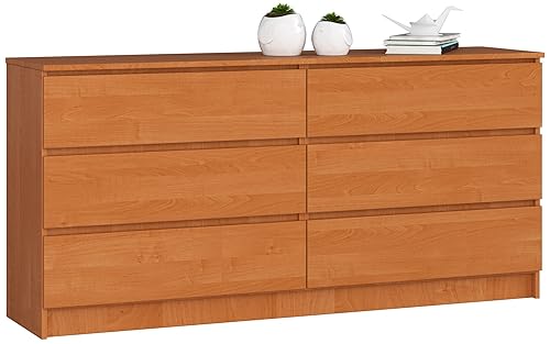 AKORD Kommode K-160 mit 6 (2 x 3) Schubladen | für das Wohnzimmer Schlafzimmer Schrank Büro Arbeitszimmer | Modernes Funktionales Design | B160 x H77 x T40 cm, Gewicht 70 kg | Erle von AKORD