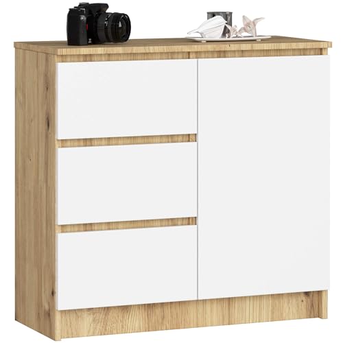 AKORD Kommode K-80 Jerry mit 3 Schubladen | Schrank mit 2 Einlegeböden und 1 Tür | Für das Wohnzimmer Schlafzimmer | Moderne | 16mm Laminierte Platte | 80x77x35 cm | Artisan Eiche + Weiß Front von AKORD