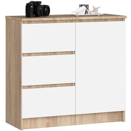 AKORD Kommode K-80 Jerry mit 3 Schubladen | Schrank mit 2 Einlegeböden und 1 Tür | Für das Wohnzimmer Schlafzimmer | Moderne | 16mm Laminierte Platte | 80x77x35 cm | Sonoma Eiche + Weiß Front von AKORD