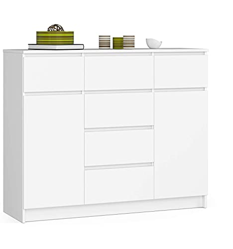 AKORD Kommode K017 120 cm | 6 Schubladen und 2 Türen | für das Wohnzimmer Schlafzimmer Arbeitszimmer | Modernes funktionales Design | 16 mm laminierte Platte | Farbe Weiß von AKORD