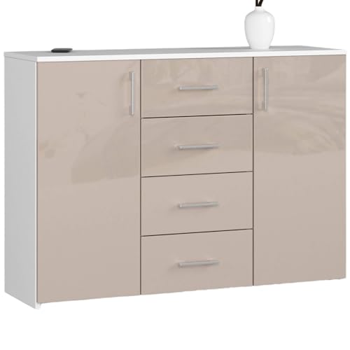 AKORD Kommode K45 mit 4 Schubladen und 2 Ablagefächern mit Türen | für das Wohnzimmer Schlafzimmer Schrank Büro Arbeitszimmer | B110 x H80 x T35 cm, Gewicht 43kg | Weiß/Glänzender Cappuccino von AKORD